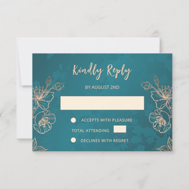 RSVP de casamento em rosa dourado floral e azul tu (Frente)