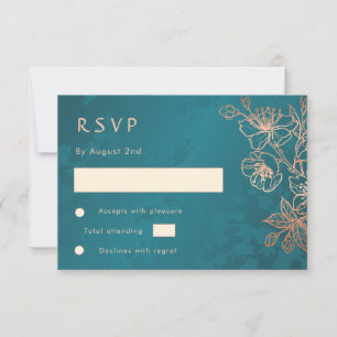 RSVP de casamento em rosa dourado floral e azul tu