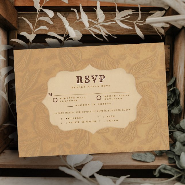 RSVP de Casamento em Terracota Creme com Trabalho  (country rustic cowboy wedding rsvp card faux tooled leather terracotta rust western barn)