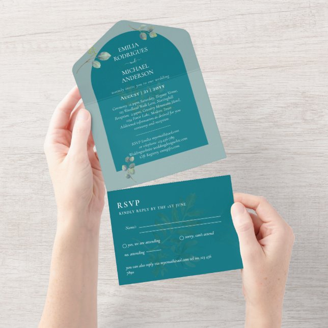 RSVP de Casamento Eucalyptus em 3in1 Verde Moderno (Aba destacável)