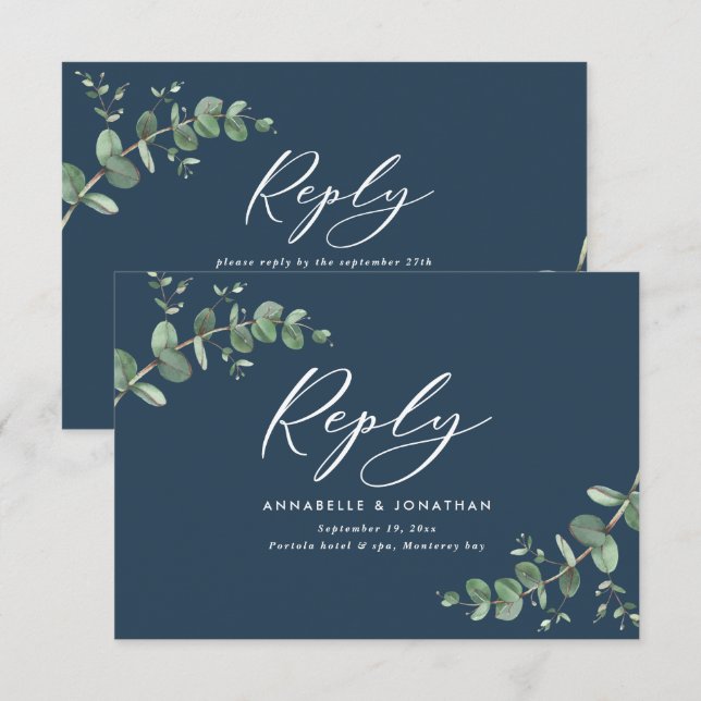 RSVP de Casamento Eucalyptus Greenery azul legante (Frente/Verso)