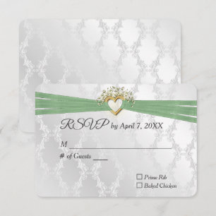 RSVP de casamento Faixa Sage no coração em cetim