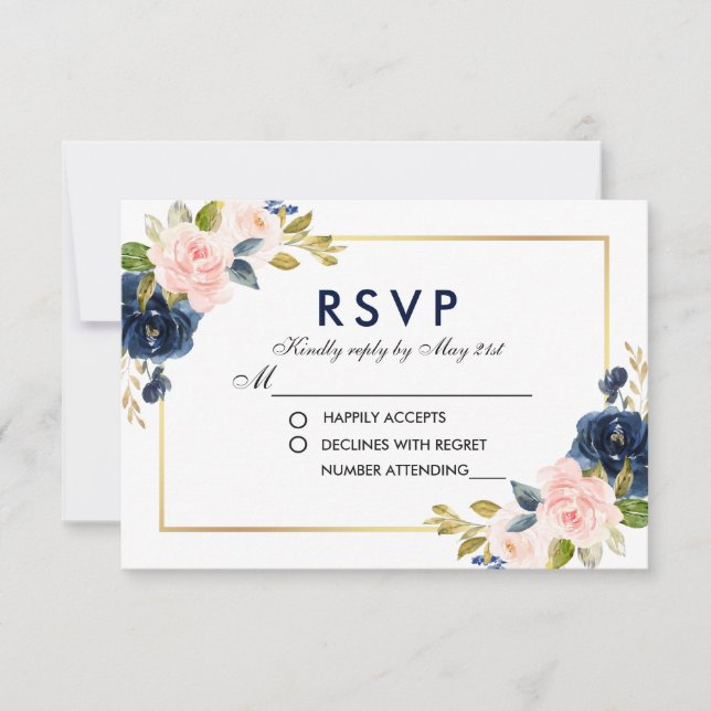 RSVP de Casamento Floral Azul-Blush Cor-de-Rosa (Frente)