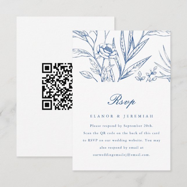 RSVP de Casamento Floral Azul Bonito com Código QR (Frente/Verso)