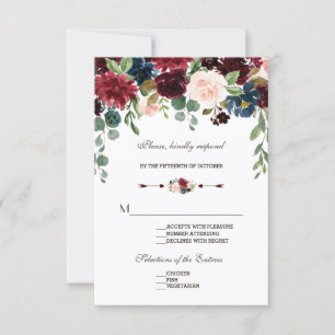 RSVP de Casamento Floral Azul do Marinho Merlot El