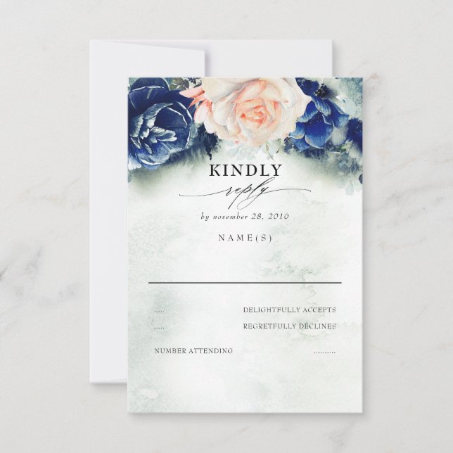 RSVP de Casamento Floral Azul Pêssego e Marinho (Frente)