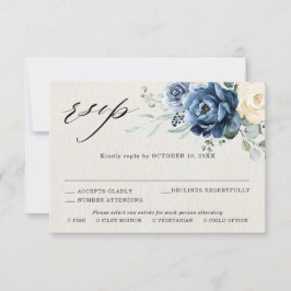 RSVP de casamento floral azul poeira champanhe mar