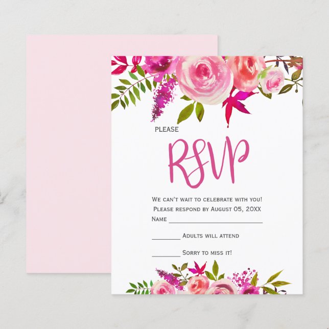 RSVP de Casamento Floral Botânico de Fúchsia Rosa  (Frente/Verso)