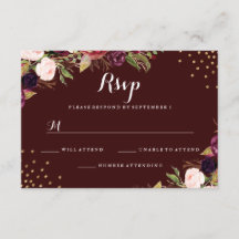 RSVP de Casamento Floral Confetti Dourado Burgundy