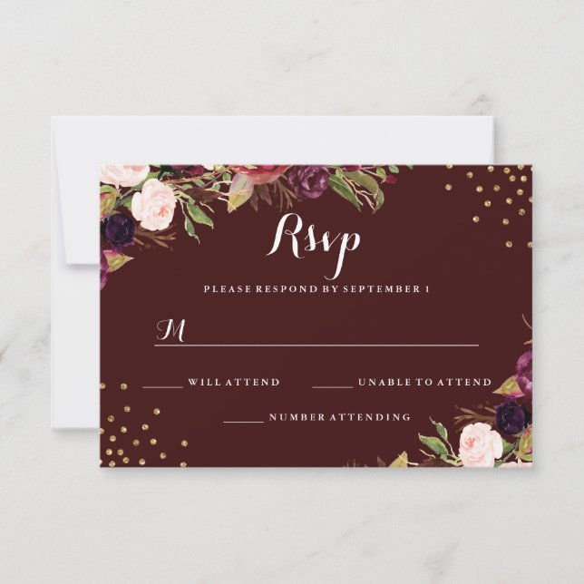 RSVP de Casamento Floral Confetti Dourado Burgundy (Frente)
