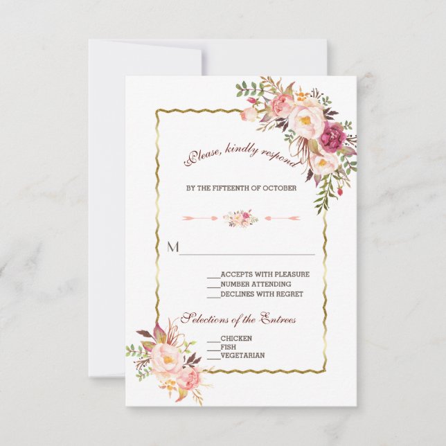 RSVP de Casamento Floral Cor-de-Rosa-Blush Dourado (Frente)