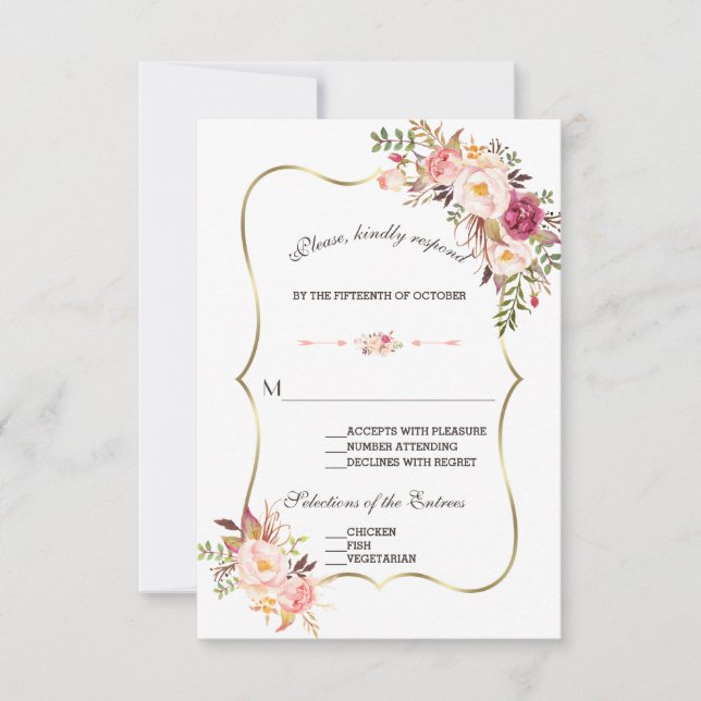 RSVP de Casamento Floral Cor-de-Rosa Dourada (Frente)