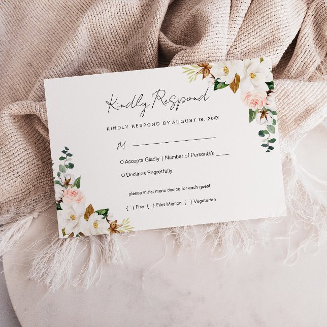 RSVP de Casamento Floral da Magnolia Rosa Branca e (White and Blush Pink Magnolia Floral Wedding RSVP Card)