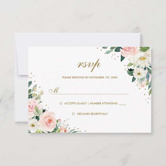 RSVP de Casamento Floral de Blush Dourado Botânico (Frente)