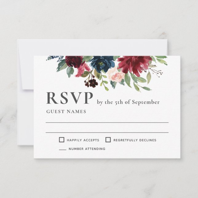 RSVP de Casamento Floral de Borgonha e Marinho (Frente)