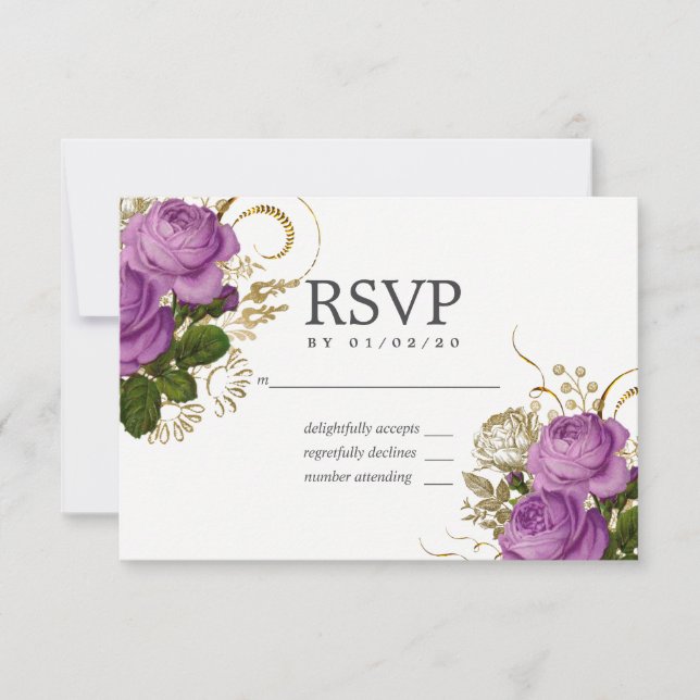 RSVP de Casamento Floral de Chic Roxo e Dourado Vi (Frente)