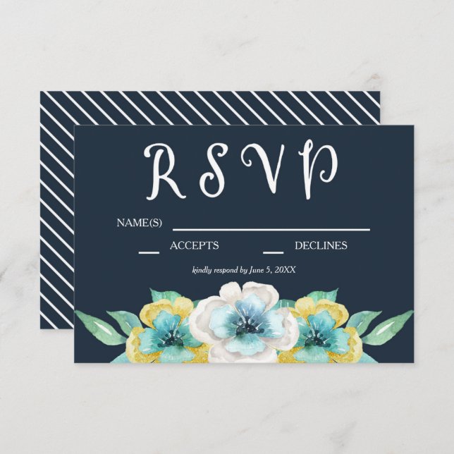 RSVP de Casamento Floral de Cor Azul (Frente/Verso)