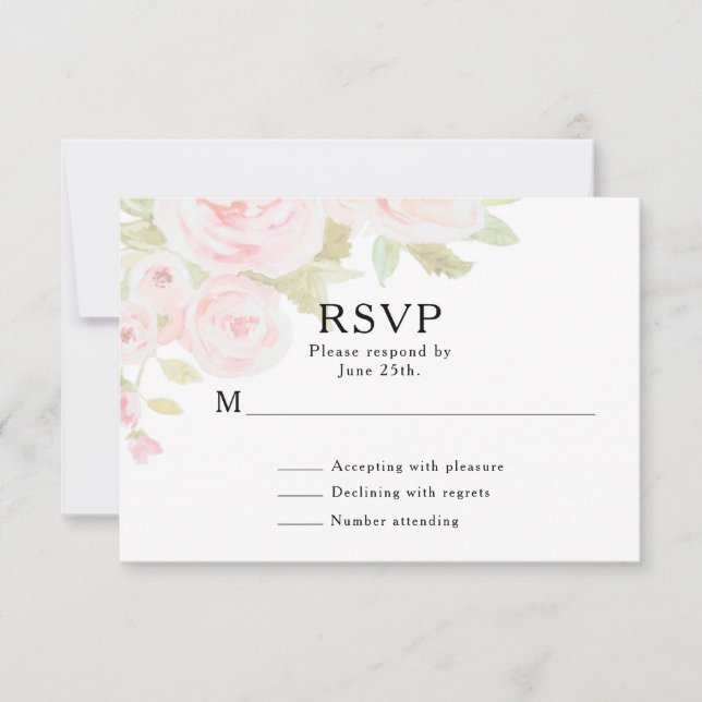 RSVP de Casamento Floral de Cores de Água Rosa Ros (Frente)