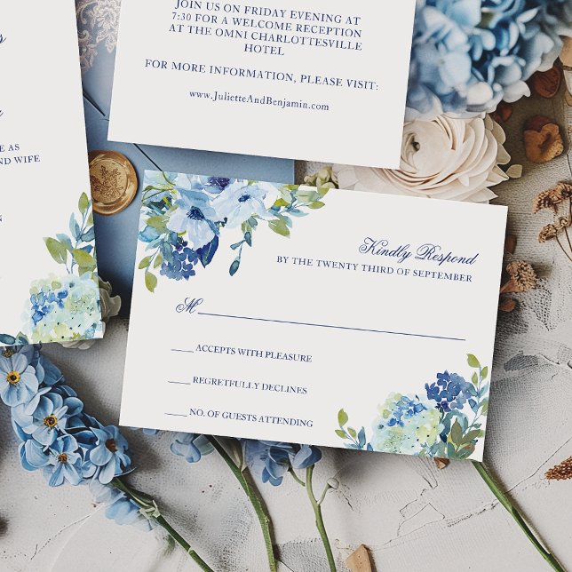 RSVP de Casamento Floral de Marinho Azul Dusty Ele (This dusty blue, floral RSVP card coordinates with my Juliette collection.)