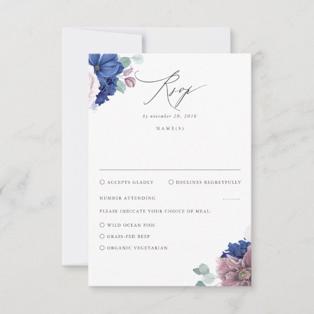 RSVP de Casamento Floral de Mauve e Marinho Azul (Frente)
