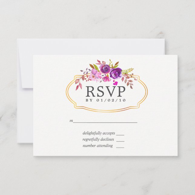 RSVP de Casamento Floral de Molas Púrpuras e Viole (Frente)
