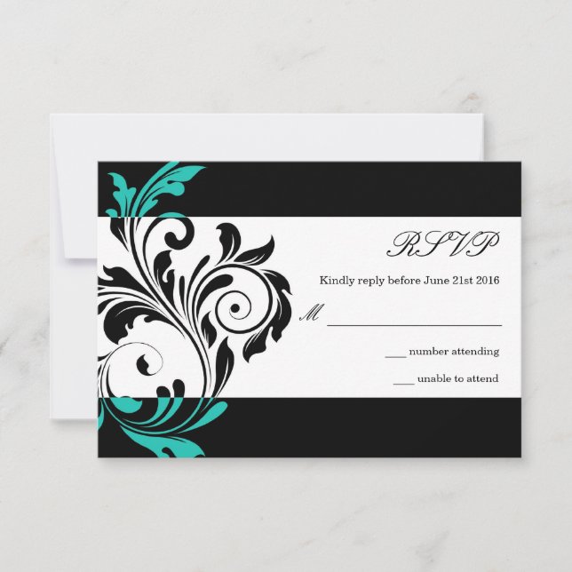 RSVP de Casamento Floral de Nave Negra e Aqua (Frente)