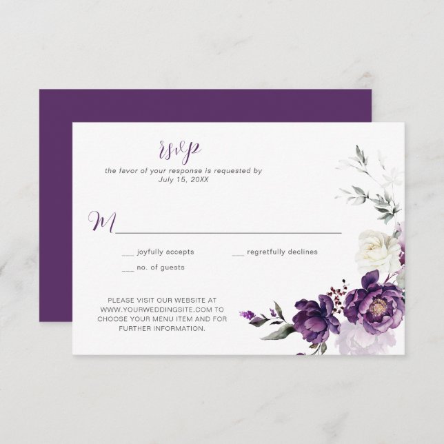 RSVP de Casamento Floral de Pessoas Roxas Escuras (Frente/Verso)