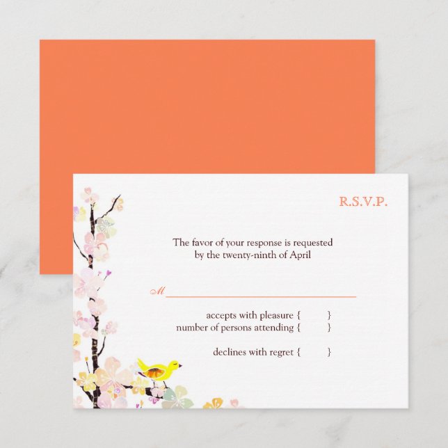 RSVP de Casamento Floral de primavera Bird White (Frente/Verso)