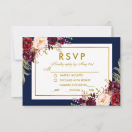 RSVP de Casamento Floral Dourado Azul Burgundy