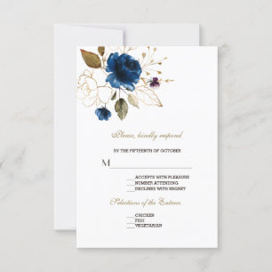 RSVP de Casamento Floral Dourado Azul Whimsical