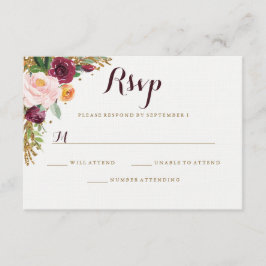 RSVP de Casamento Floral Dourado Burgundy