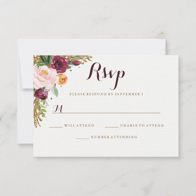 RSVP de Casamento Floral Dourado Burgundy (Frente)