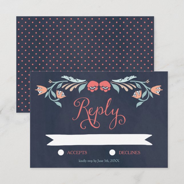 RSVP de Casamento Floral Elegante Chalkboard Bluis (Frente/Verso)