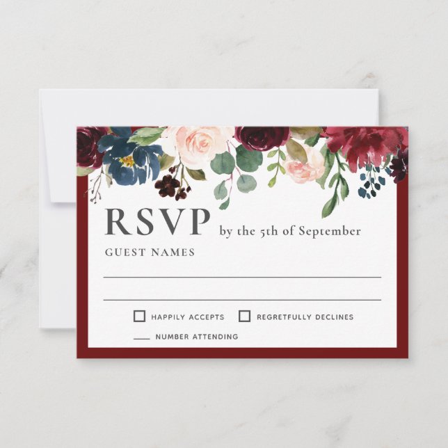RSVP de Casamento Floral Elegante de Borgonha e Ma (Frente)