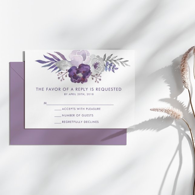 RSVP de casamento floral em aquarela roxa e prata (Purple and Silver Watercolor Floral Wedding RSVP)