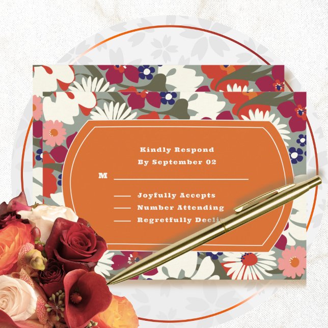 RSVP de casamento floral laranja verde retrô dos a (Criador carregado)
