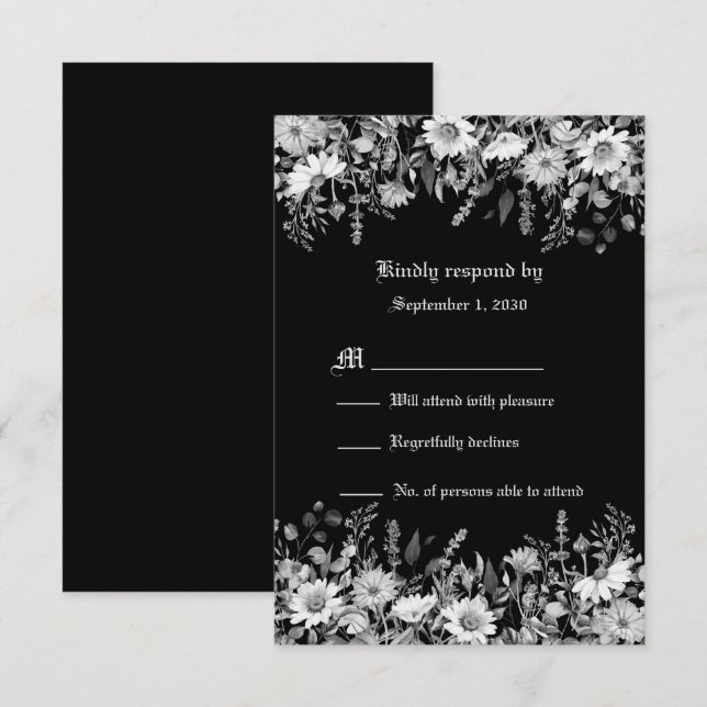 RSVP de Casamento Floral Negro e Branco (Frente/Verso)