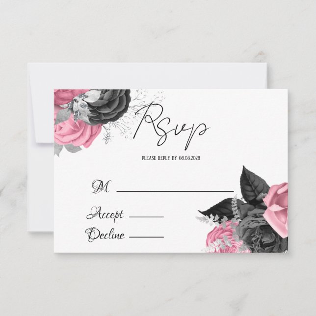 RSVP de Casamento Floral Negro e Rosa de Luxo (Frente)