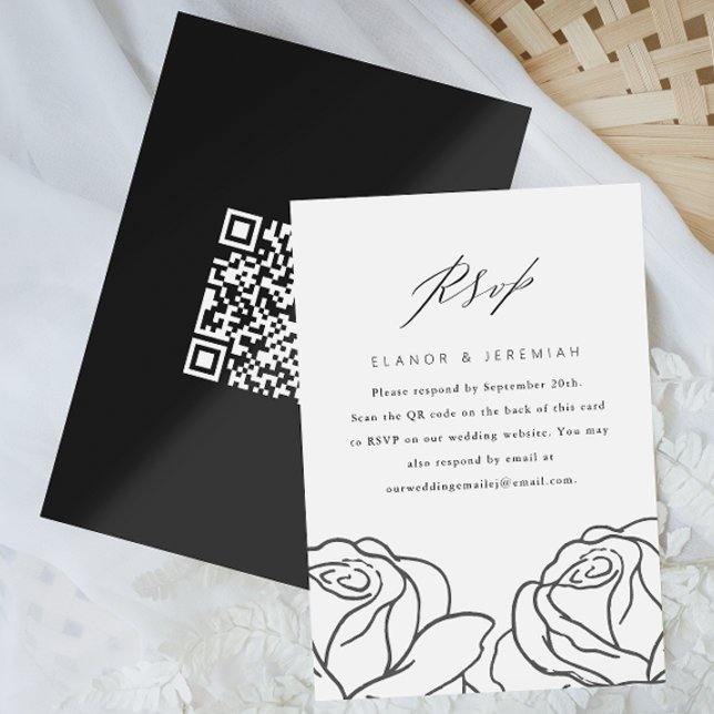 RSVP de Casamento Floral Preto Elegante com Código (Criador carregado)
