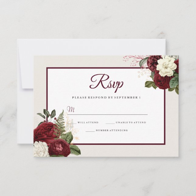 RSVP de Casamento Floral Romântico Burgundy (Frente)