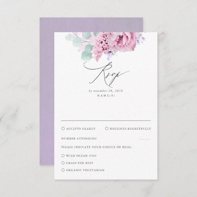 RSVP de Casamento Floral Rosa Púrpura Dusty (Frente/Verso)