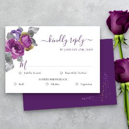 RSVP de Casamento Floral Roxo com Opções de Refeiç