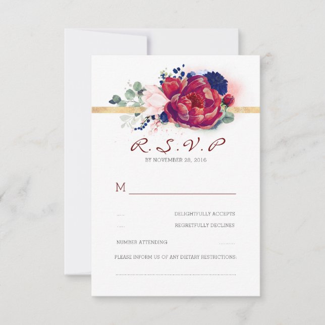 RSVP de Casamento Floral Vermelho e Azul Marinho (Frente)