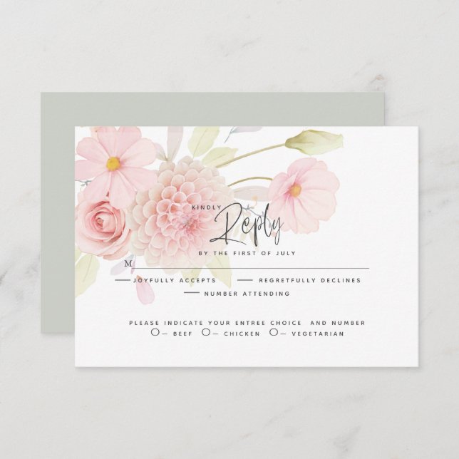 RSVP de casamento | Flores Rosa Pastel (Frente/Verso)