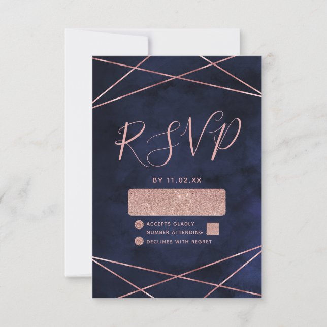 RSVP de Casamento Geométrico Dourado Azul e Rosa (Frente)