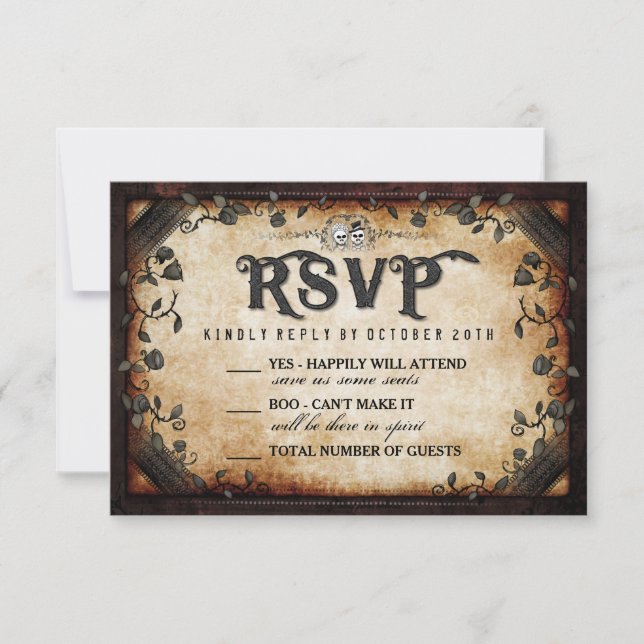 RSVP de Casamento Gótico Brown Skeleton de Hallowe (Frente)