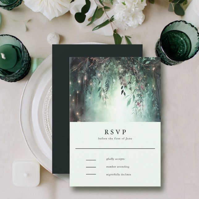 RSVP de Casamento Mauve da Floresta Dourada Encant (enchanted forest rsvp card modern elegant romantic watercolor gold vines emerald mauve)