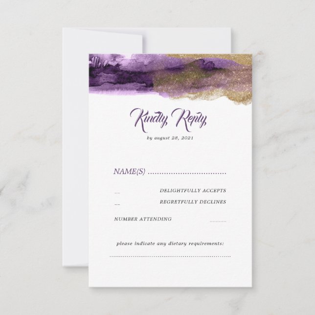 RSVP de Casamento Moderno de Glitter Roxo e Dourad (Frente)