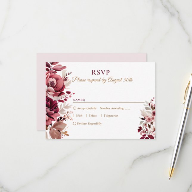 RSVP de Casamento Moderno Floral Blush Burgundy (Frente/Verso In Situ)