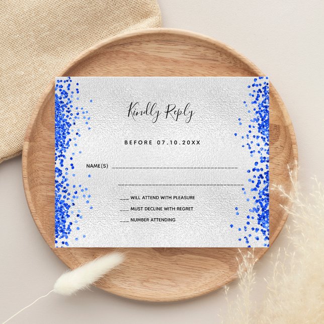 RSVP de casamento moderno real azul-real de prata  (Criador carregado)
